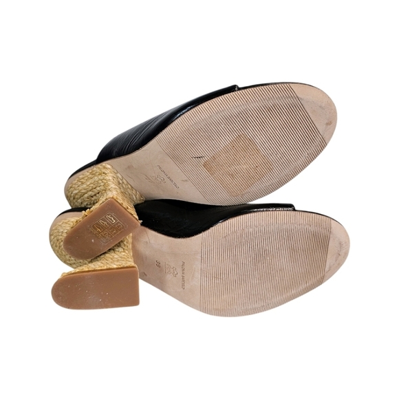 Paloma Barceló Black Calf Leather Open Toe Sandals Raffia Heel 39 Quiet Luxury - Picture 10 of 12